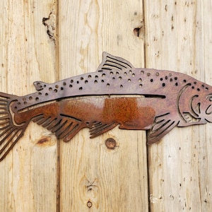 Iron Salmon Trout Fish | Metal Fish Art ~ Rusted Flat Wall Decor Yard Cabin Lodge Farmhouse Fishing Pond Lake Fish Rainbow Brook Brown
