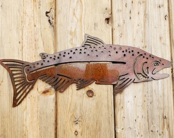 Iron Salmon Trout Fish | Metal Fish Art ~ Rusted Flat Wall Decor Yard Cabin Lodge Farmhouse Fishing Pond Lake Fish Rainbow Brook Brown