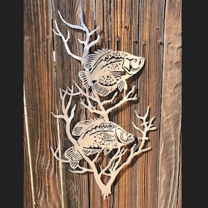 Iron Crappie Chasing Minnows | Metal Fish Art ~ Rusted Flat Wall Decor Yard Cabin Rustic Fishing Pond Lake Perch Indoor Outdoor