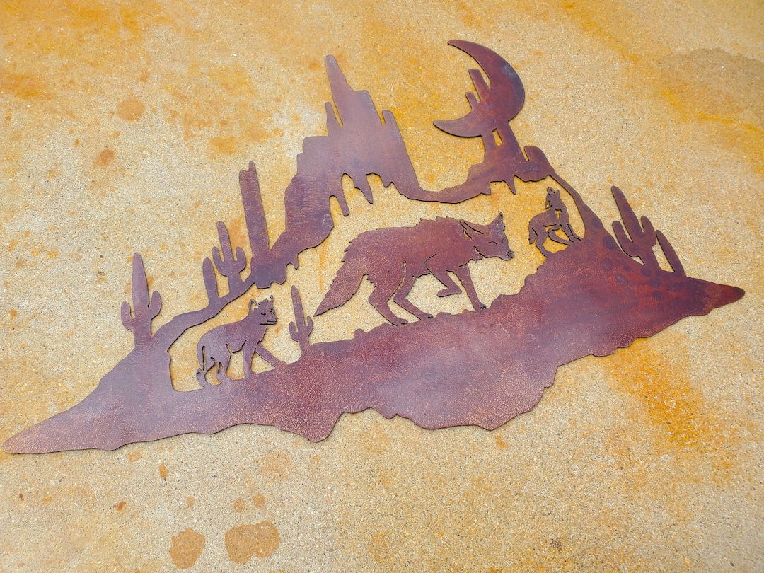 Iron Coyote Family in Canyon Metal Wall Art Rusted Southwest Sonoran