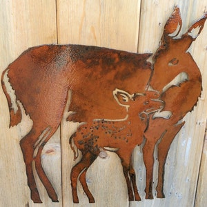 Iron Deer With Fawn | Metal Wall Art ~ Flat Rusted Metal Art Yard Patio Decor Rustic River Pond Lake Outdoor Hunting Baby Whitetail Cous