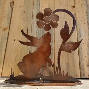 Iron Bunny With Flower | Metal Yard Art ~ Garden Gnome Base Rusted Forest Metal Art Yard Decor Rustic Rabbit Hare Sunflower