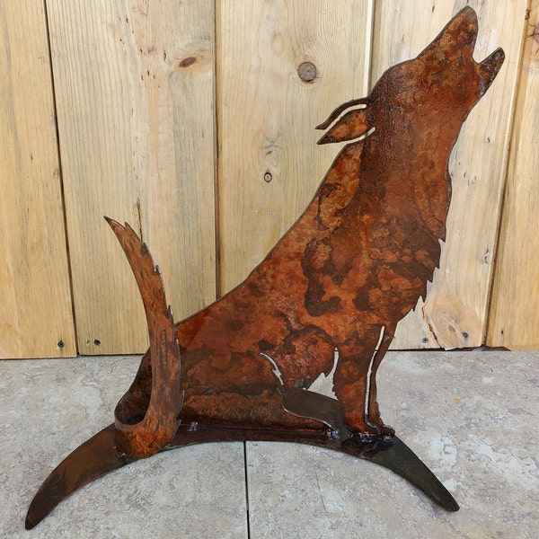 Iron Coyote on Moon Base | Metal Art ~ Rusted Southwest Sonoran Desert Metal Art Arizona Yard Home Decor Rustic Mexican Luna Howling