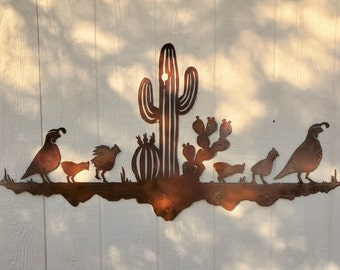 Iron Quail Family In Desert Flat | Metal Wall Art ~ Rusted Southwest Sonoran Desert Metal Wall Art Arizona Yard Decor Rustic Mexican Gambel