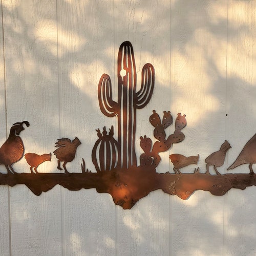 Iron Quail Family In Desert Flat | Metal Wall Art ~ Rusted Southwest Sonoran Desert Metal Wall Art Arizona Yard Decor Rustic Mexican Gambel