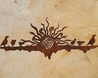Rusted Metal Quail Family Sunset | Southwest Wall Art