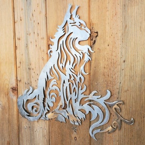 Iron Cat Flowing | Metal Wall Art ~ Flat Mounted Rusted Yard Garden Patio Decor Rustic Feline Fancy Pretty Kitty Housecat Persian Tabby