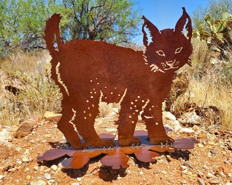 Iron Wild Cat Cub on Pricklypear Base | Metal Wall Art ~ Bobcat Cabin Forest Desert Patio Yard Decor Cat North America Kitty Kitten Cactus