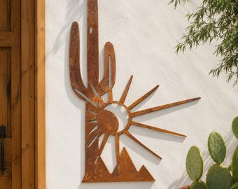 Iron Saguaro Cactus Sunset | Metal Wall Art ~ Flat Wall Mounted Iron Sonoran Desert Yard Patio Garden Decor Rustic Cactus Succulent