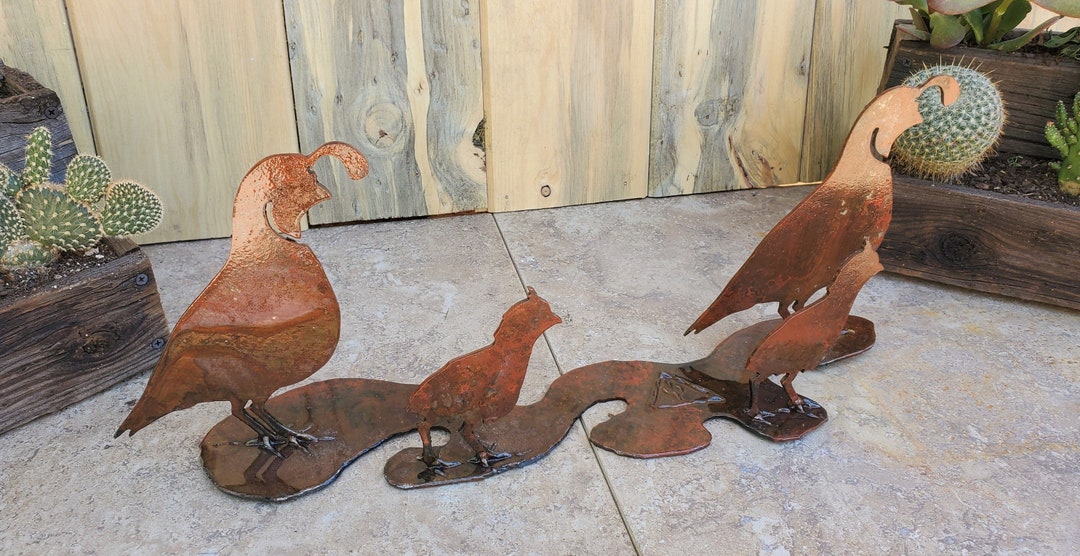Iron Quail Family on Base Metal Art 22 X 8 Rusted Southwest Sonoran