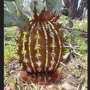 Iron Barrel Cactus On Base | Metal Wall Art ~ Flat Sonoran Desert Metal Art Yard Patio Garden Decor Rustic Cactus Succulent Plant Arizona