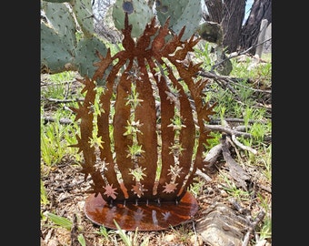 Iron Barrel Cactus On Base | Metal Wall Art ~ Flat Sonoran Desert Metal Art Yard Patio Garden Decor Rustic Cactus Succulent Plant Arizona