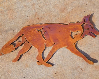 Iron Coyote Chasing | Metal Wall Art ~ Flat Mounted Rusted Southwest Sonoran Desert Arizona Yard Decor Rustic Mexican Kachina Fox Dog