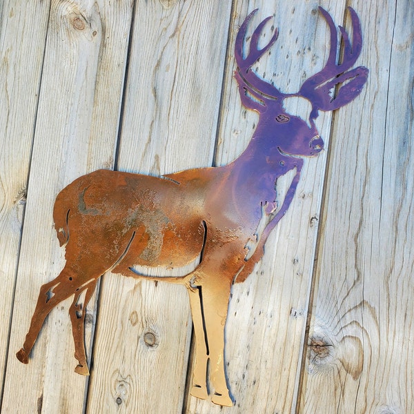 Iron Deer Buck | Metal Wall Art ~ Rusted Metal Yard Art Decor Rustic River Pond Lake Outdoor Hunting Lodge Whitetail Cous Buck Mule