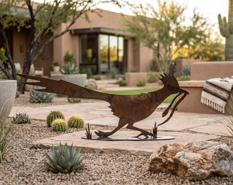 Rusted Metal Roadrunner Sculpture With Snake, Southwestern Yard Art