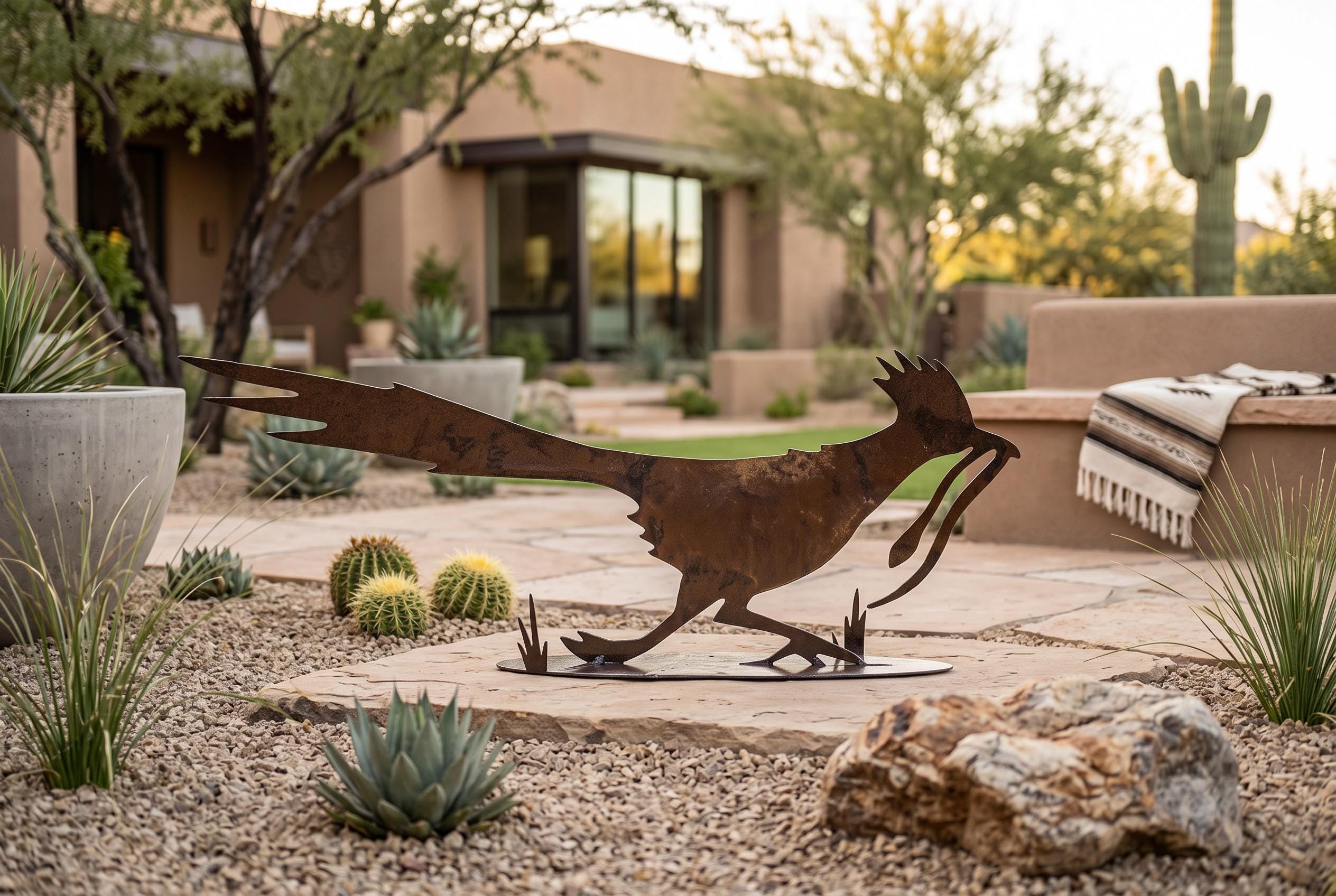 Rusted Metal Roadrunner Sculpture With Snake, Southwestern Yard