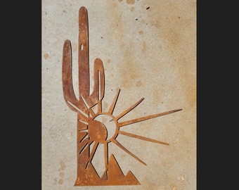 Iron Saguaro Cactus Sunset | Metal Wall Art ~ Flat Wall Mounted Iron Sonoran Desert Yard Patio Garden Decor Rustic Cactus Succulent