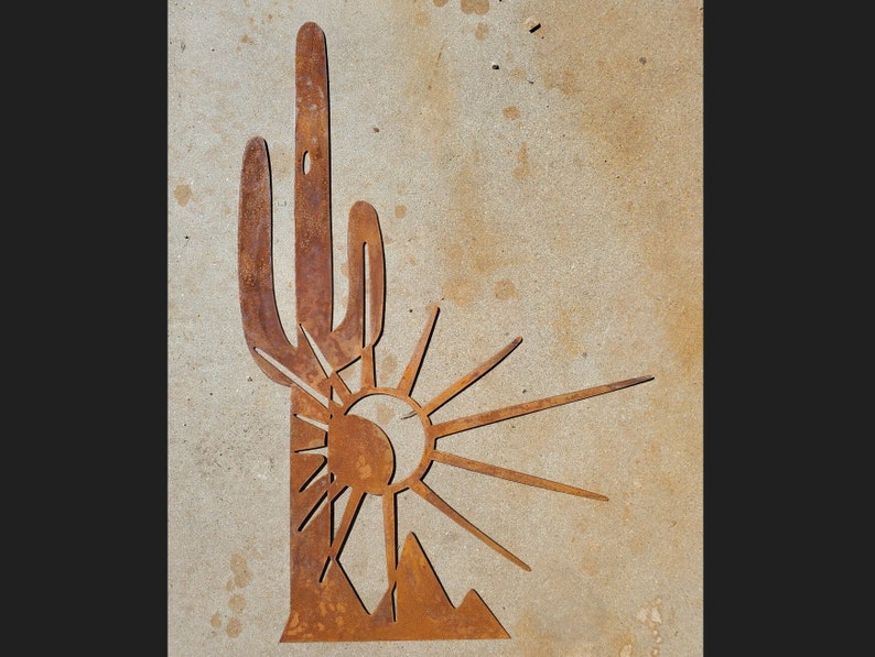 Iron Saguaro Cactus Sunset Metal Wall Art Flat Wall Mounted Iron Sonoran Desert Yard Patio Garden Decor Rustic Cactus Succulent image 1