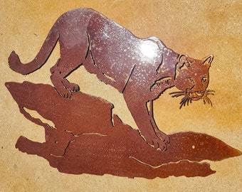 Iron Mountain Lion on Rock | Metal Wall Art ~ Bobcat Log Cabin Forest Desert Patio Yard Decor Rustic Cat North America Predator Cactus