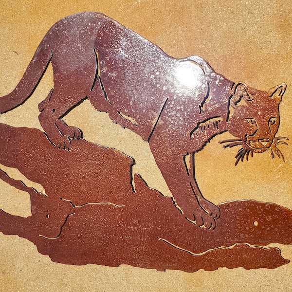 Iron Mountain Lion on Rock | Metal Wall Art ~ Bobcat Log Cabin Forest Desert Patio Yard Decor Rustic Cat North America Predator Cactus