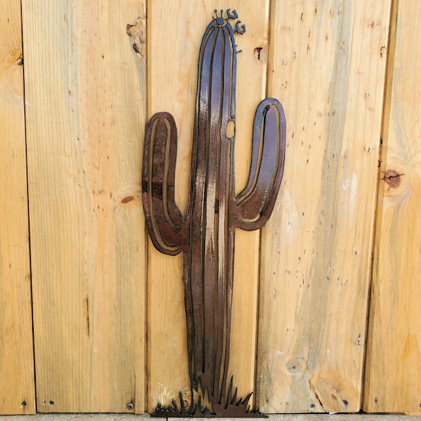 Iron Saguaro Cactus With Arms | Metal Wall Art ~ Flat Wall Mounted Iron Sonoran Desert Yard Patio Garden Decor Rustic Cactus Succulent