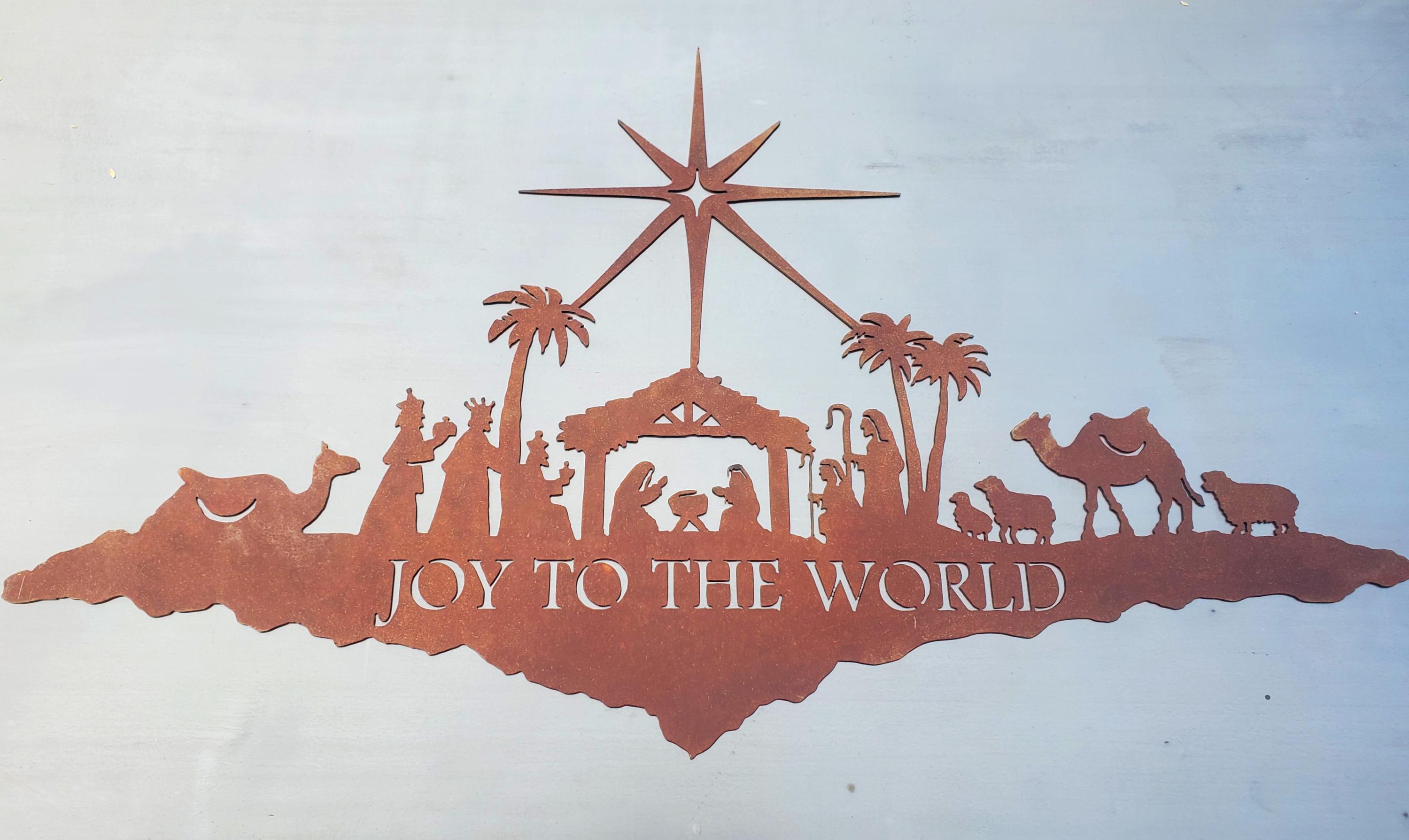 Belén de hierro JOY / Arte de pared de metal ~ Decoración navideña oxidada de montaje plano para el jardín Vacaciones de invierno Niño María Jesús Estrella del Norte Estacional