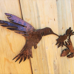 Iron Hummingbird With Flower | Metal Wall Art ~ Garden Patio Decoration Decor Forest Desert Rustic Bird Cute Tiny Sugar Garden Fairy