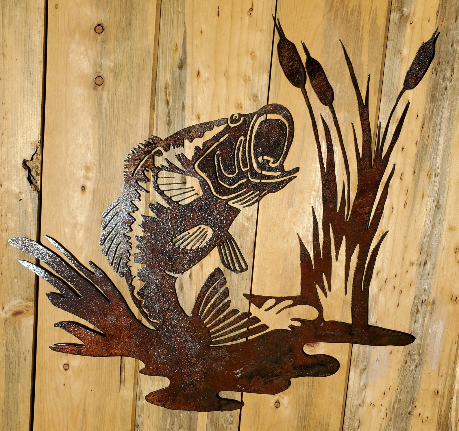 Iron Largemouth Bass Metal Fish Art Rusted Flat Wall Decor Etsy