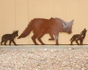 Iron Coyote With Cubs | Metal Wall Art ~ Mounted Rusted Southwest Sonoran Desert Metal Art Arizona Yard Decor Rustic Mexican Kachina Fox Dog