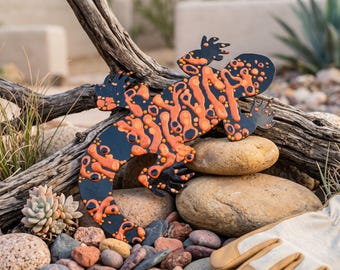 Hand-Painted Gila Monster Metal Sculpture, Southwest Desert Garden Art