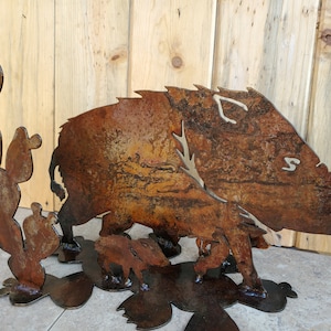 Iron Javalina and Babies on Prickly Pear Cactus | Metal Art ~ Iron Sonoran Desert Metal Art Yard Patio Garden Decor Rustic Hog Pig Boar