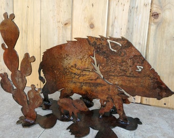 Iron Javalina and Babies on Prickly Pear Cactus | Metal Art ~ Iron Sonoran Desert Metal Art Yard Patio Garden Decor Rustic Hog Pig Boar