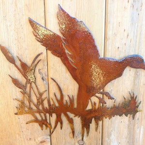 Iron Duck Flying | Metal Wall Art ~ Mounted Rusted Yard Decor Rustic Quack Fishing Pond Lake Outdoor Fishing Hunting Lodge Cabin Mallard