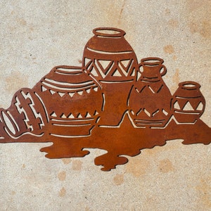 Iron Native Pottery Scene | Metal Wall Art ~ Cactus Garden Decor Flat Rusted Southwest Sonoran Desert Arizona Yard Mexican American Porch
