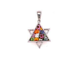 Murano Millefiori Triangle Cut Glass Star Of David Pendant