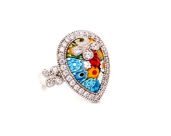 Antique Revival Murano Millefiori Pear Shape Glass Cubic Zirconia Ring.