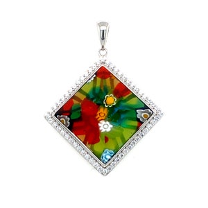 Murano Millefiori Princess Cut Glass Pendant W/ CZ Halo Accents.