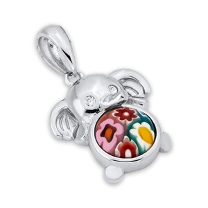 Elephant Charm Pendant Set With Round Murano Millefiori Multi Colored Glass.