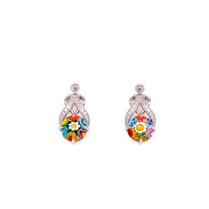 Murano Millefiori Round Cut Glass And Cubic Zirconia Vintage Inspired Earrings