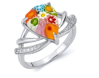 Murano Millefiori Vintage Inspired Pear Shape Ring with CZ accents