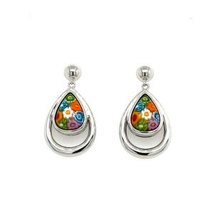 Murano Millefiori Multi Colored Pear Shape Glass French Wire Drop Earrings.