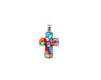 Murano Millefiori Multi Colored Glass Cross Pendant