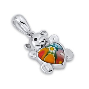 Teddy Bear Pendant Charm Set With Murano Millefiori Multicored Heart Shaped Glass.