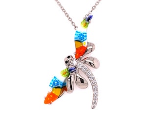 Murano Millefiori Multi Colored Glass DragonFly Necklace