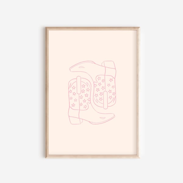 Roze cowboylaarzen print | A5 en A4 | Minimaal, lijntekening, cowgirl, modern | Kunst aan de muur, poster, illustratie, retro, decor