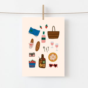 Zomer picknick geïllustreerde ansichtkaart | Mini A6 Print | Galerij Muur, Decor | Voedselillustratie