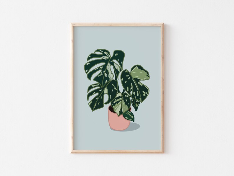 Monstera Plant Art Print A5 Illustrated Print Wall Art, Décor, Botanical Digital Illustration, House Plant Print, Plant Lovers Gift image 1