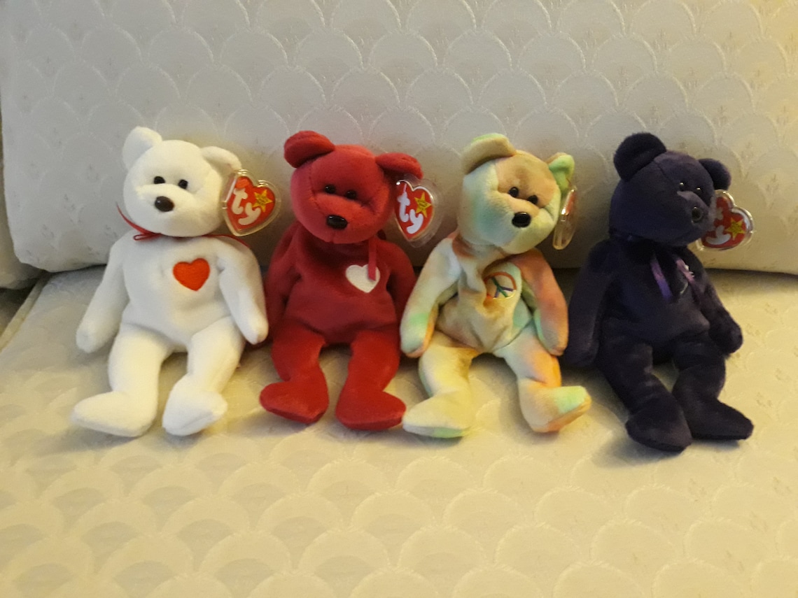 4 Super RARE Retired Beanie Babies. Valentina and Valentino, Peace Bear ...