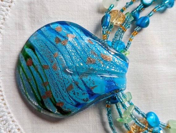 Vintage Cg Art Glass Multi-strand Necklace Beachy… - image 4