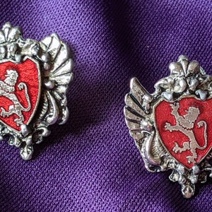 Vintage 1930s or 40s Heraldic Shield Lions Rampant Red Enamel Silvertone Screw back Earrings